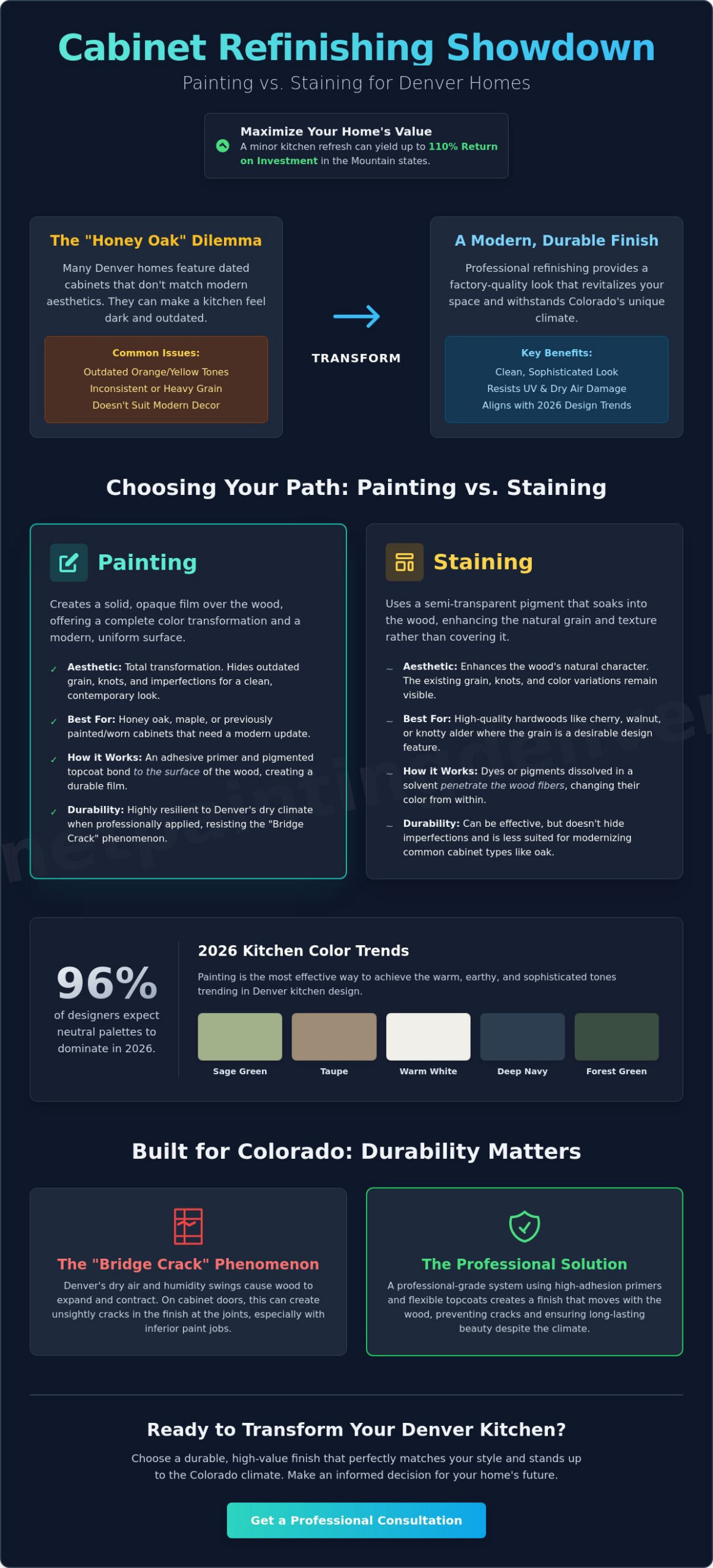 Staining vs. Painting Kitchen Cabinets in Denver: The 2026 Homeowner’s Guide