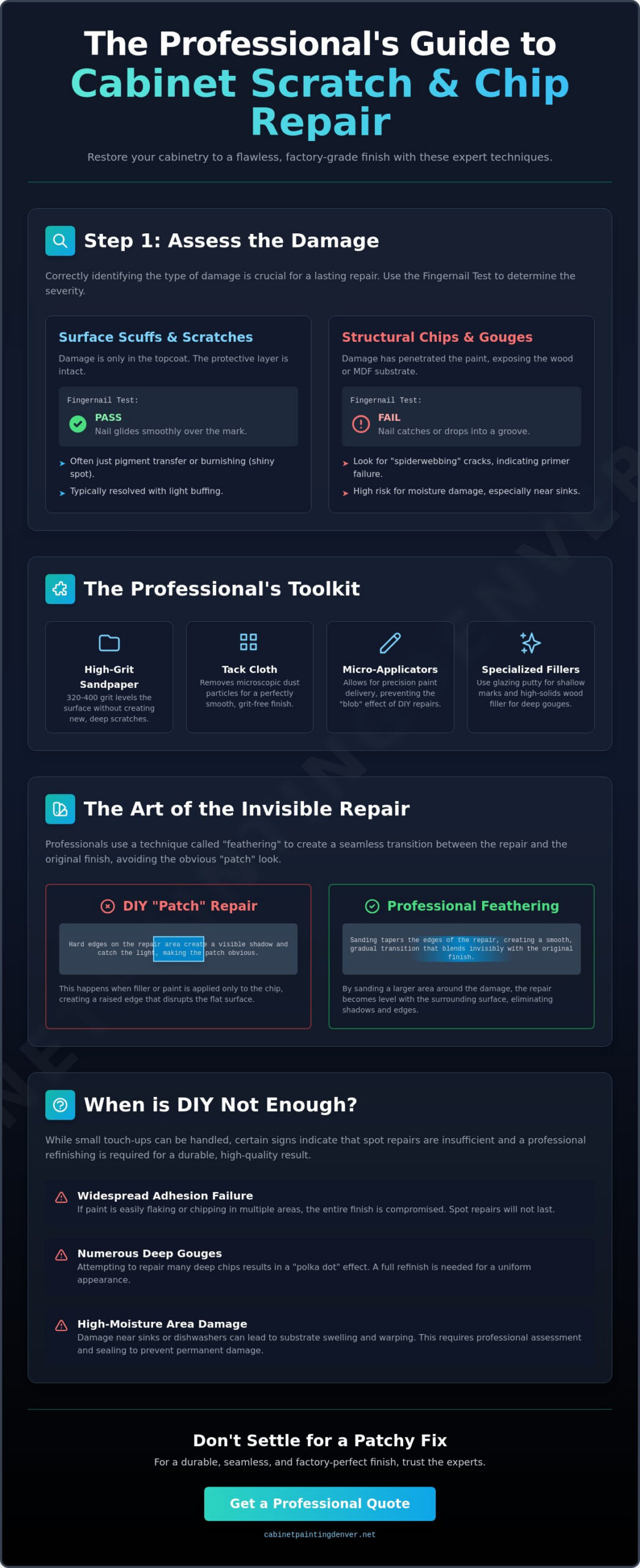 Infographic titled The Professional's Guide to Cabinet Scratch & Chip Repair, outlining steps, toolkit, invisible repair, and when DIY isn’t enough for a flawless finish.